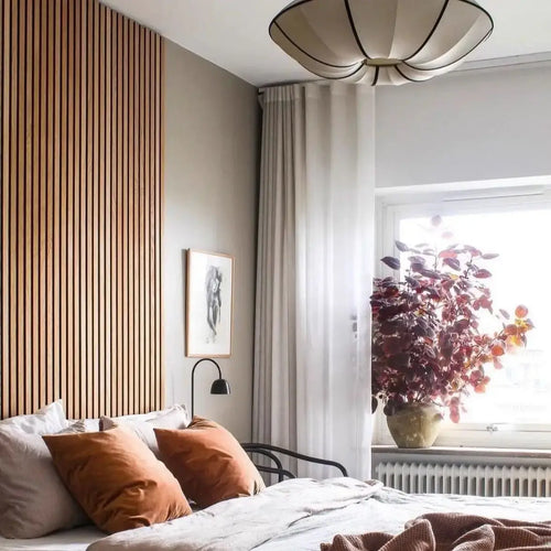 Zen Silk Pendant Light Mid Century Fabric Lantern in a beautifully designed bedroom setting.