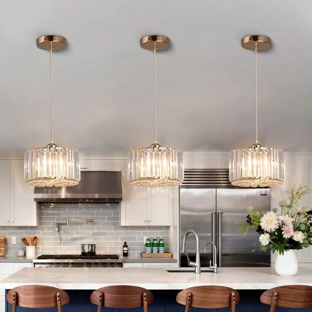 Modern Crystal Drum Pendant or Ceiling Light, Black or Gold Frame