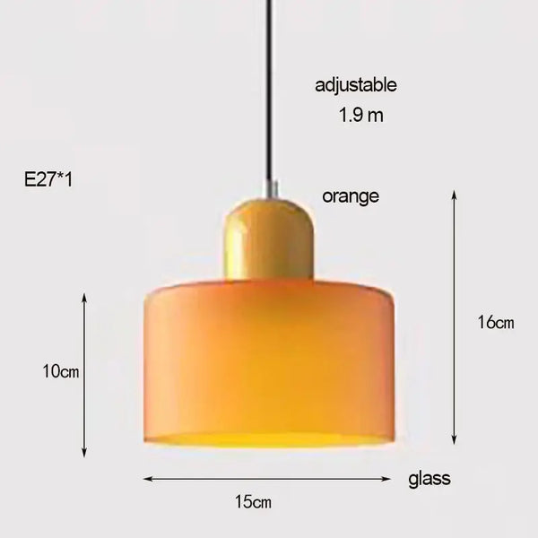 Colourful Glass Pendant (15cm x 16cm) in orange, adjustable length, modern design with glass shade.