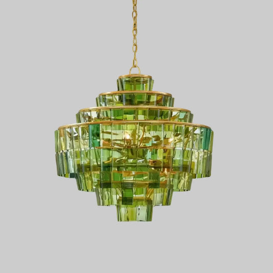Green Glass Tiered Chandelier - Art Deco Style showcasing stunning emerald and lime green glass panels.