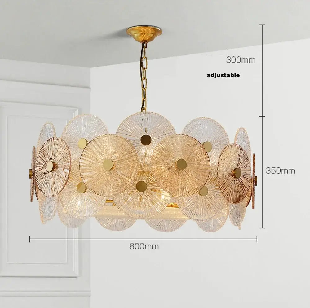 Retro 50s Glass & Iron Chandelier Gold Frame with frosted glass leaves and adjustable gold chain.