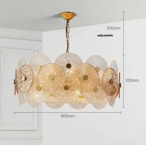 Retro 50s Glass & Iron Chandelier Gold Frame
