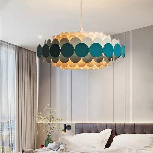 Vintage Mid-century modern Iconic Chandelier in a stylish bedroom with contemporary decor.