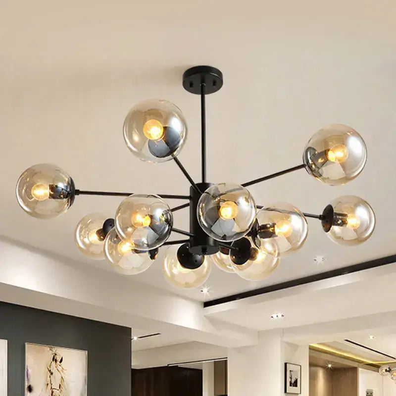 Glass globe sputnik chandelier hanging from the ceiling in a contemporary interior