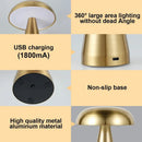 Touch Dimming Rechargeable USB Metallic Table Lamp features USB charging, non-slip base, aluminum material, and 360° lighting.