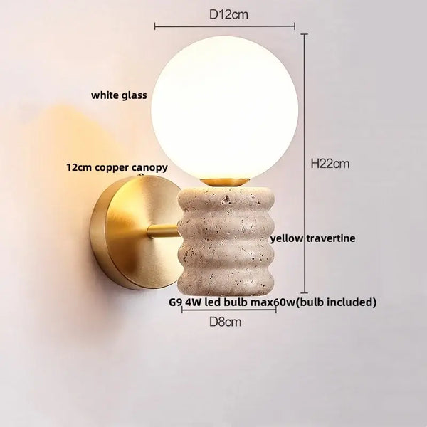 Modern Travertine and Wood Wall Light with Pull Chain – Nordic Style LED Fixture dimensions with yellow travertine and white glass.