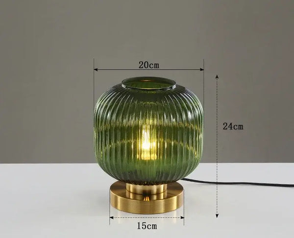 Modern Nordic Glass Table Lighting Fixtures in green with gold base, dimensions 20cm x 15cm x 24cm.