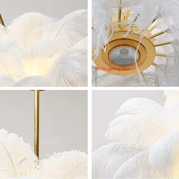 Nordic Feather Pendant Light – Art-Inspired Modern Ceiling Chandelier featuring elegant white feathers and gold detailing.