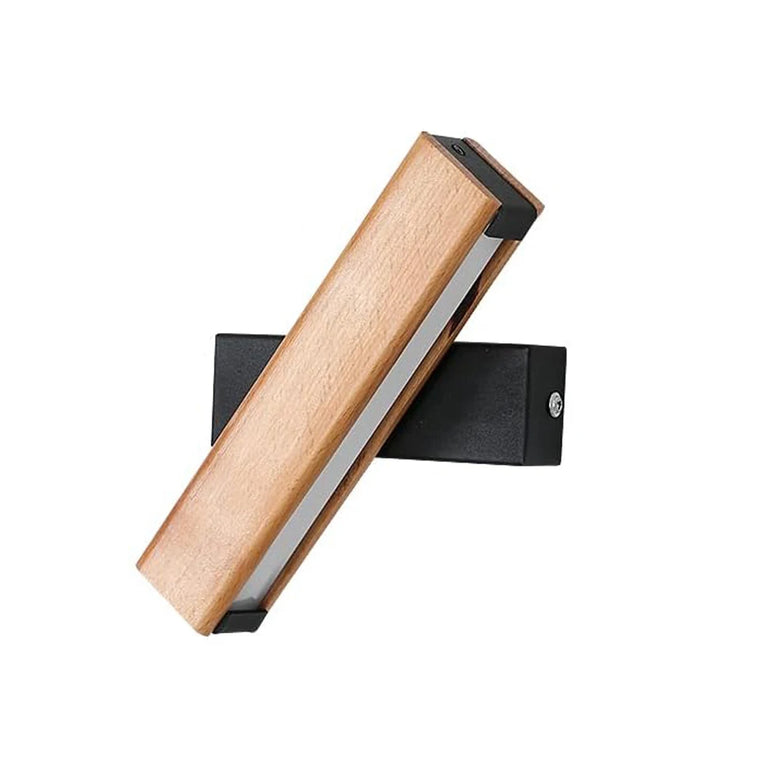 A modern wall-mounted light fixture with a rectangular wood-grain finish, a silver inner strip, and a black mounting bracket, shown on a plain white background.