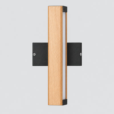 Hero A modern rotating wooden wall-mounted light fixture with a rectangular wood-grain finish and a black mounting bracket, shown on a plain white background.