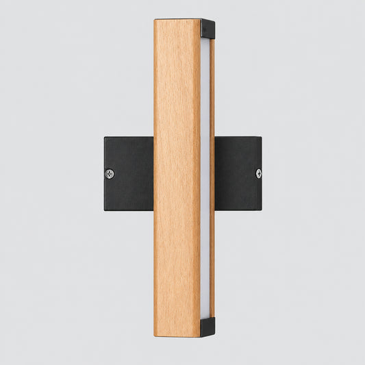 Hero A modern rotating wooden wall-mounted light fixture with a rectangular wood-grain finish and a black mounting bracket, shown on a plain white background.