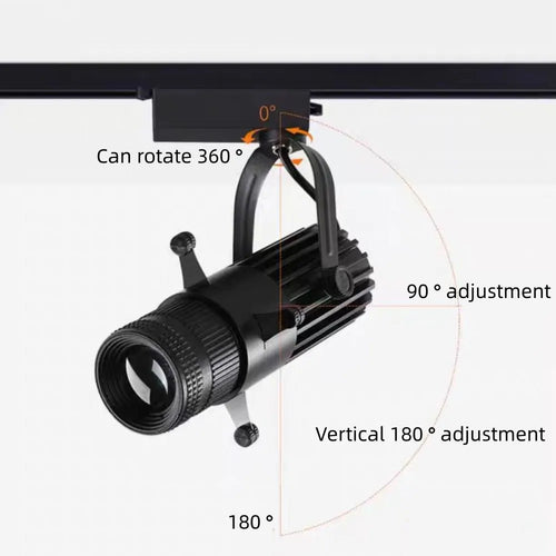 Black linear track spotlight with adjustable mounting bracket, showing rotation and vertical adjustment markings and text on a white background.