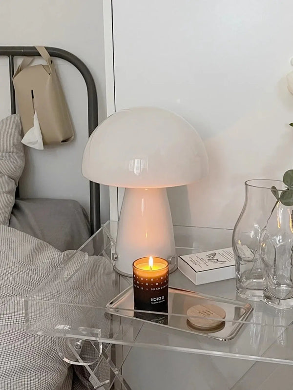 Nordic Mushroom Table Lamp – Retro-Inspired Glass & Iron Mood Light on a bedside table with candle and decor.