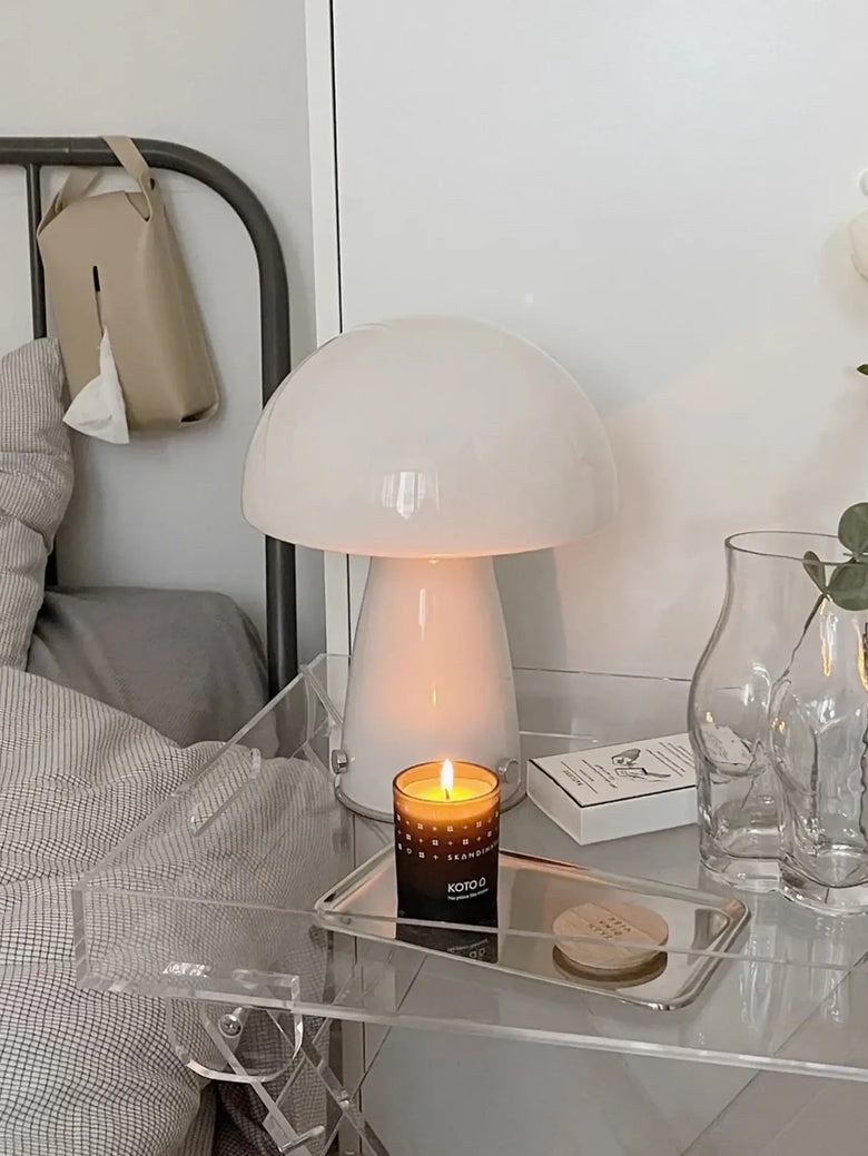 Nordic Mushroom Table Lamp – Retro-Inspired Glass & Iron Mood Light on a bedside table with candle and decor.