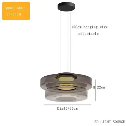Smoke Grey Layered Glass Pendant Light with adjustable 150cm suspension, LED source; Modern Amber, Green or Smoke Grey LED Suspension.