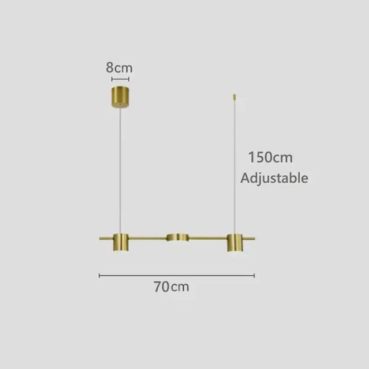 Hanging Minimalism Lights with adjustable 150cm height and 70cm width in stylish gold finish.