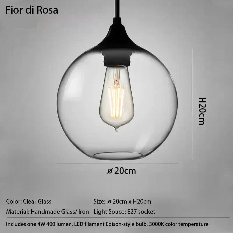 Glass pendant light with dimensions and specifications on a gray background