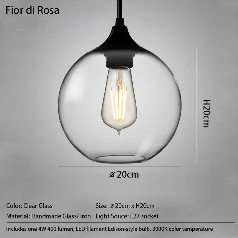 Glass pendant light with dimensions and specifications on a gray background