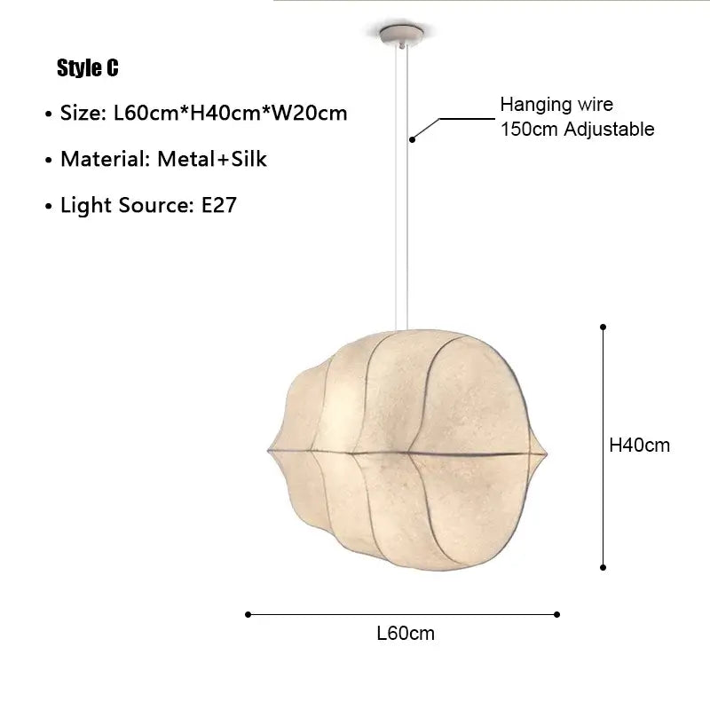 Japanese Wabi-Sabi Silk Pendant Light – Sculptural White Hanging Lamp with adjustable wire and silk shade.