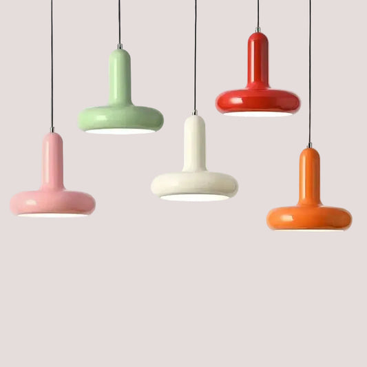 Colorful 60s Scandinavian Style Kitchen Pendant Lamps in modern cream, green, pink, red, and orange hues.