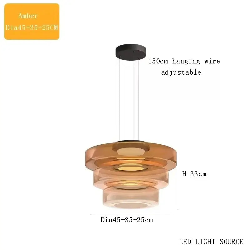 Layered Glass Pendant Light – Modern Amber, Green or Smoke Grey LED Suspension with adjustable 150cm wire in amber finish.