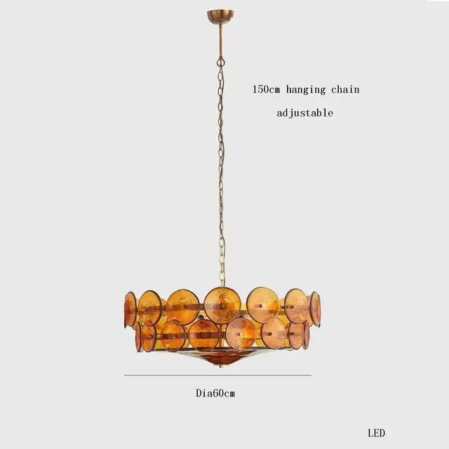Luxurious Glass Disc Chandelier – 50s Chic with amber glass discs, adjustable 150cm chain, perfect for vintage-inspired interiors.