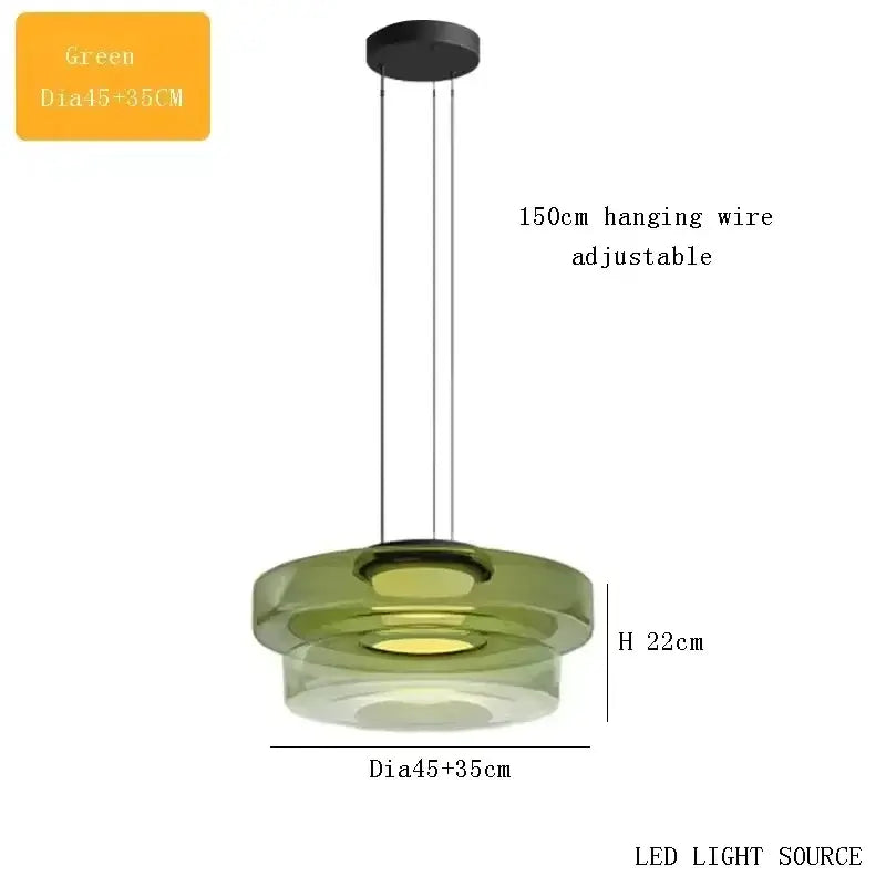 Layered Glass Pendant Light – Modern Amber, Green or Smoke Grey LED Suspension in green, 45cm diameter with adjustable wire