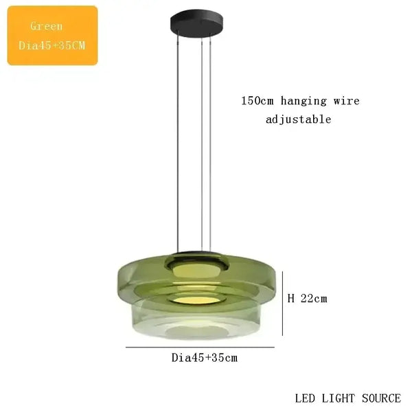 Layered Glass Pendant Light – Modern Amber, Green or Smoke Grey LED Suspension in green finish with adjustable wire.