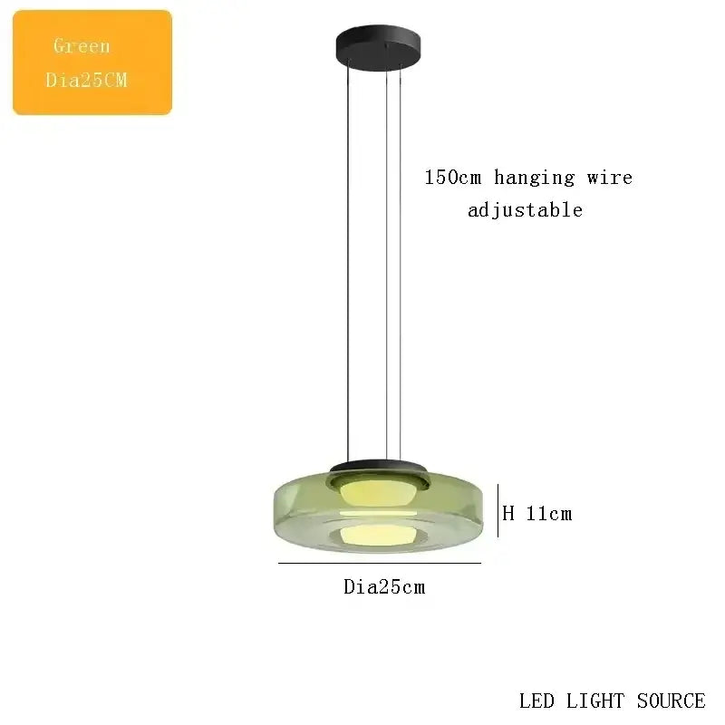 Layered Glass Pendant Light – Modern Amber, Green or Smoke Grey LED Suspension in green with adjustable 150cm wire.