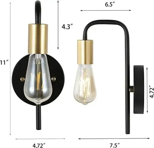 Nordic Bend Pipe Wall Lamp in black and gold, minimalist design with vintage style, dimensions 11 x 6.5 x 4.3 inches.