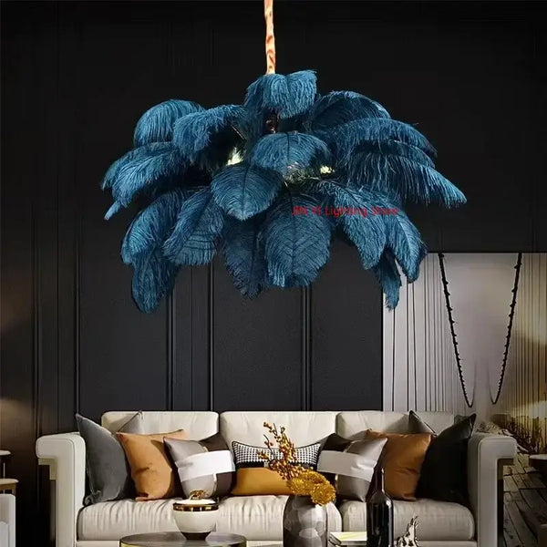 Nordic Feather Pendant Light – Art-Inspired Modern Ceiling Chandelier in teal feathers adding elegance to a living room.