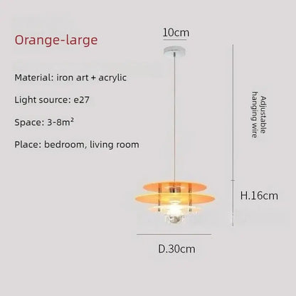 Space Age Acrylic Colorful Pendant Light in orange color, crafted from iron and acrylic for bedrooms or living rooms.