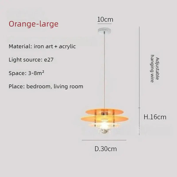 Space Age Acrylic Colorful Pendant Light in orange color, crafted from iron and acrylic for bedrooms or living rooms.