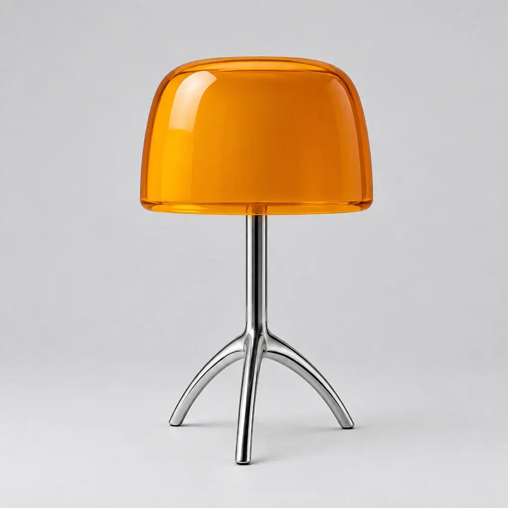 Hero - Orange Modern Glass table lamp with chrome tripod on Grey background