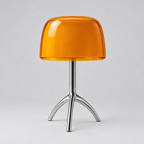 Hero - Orange Modern Glass table lamp with chrome tripod on Grey background