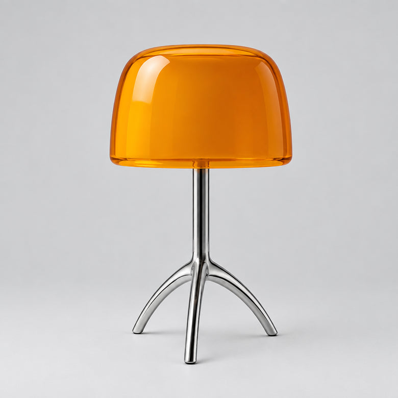 Hero - Orange Modern Glass table lamp with chrome tripod on Grey background