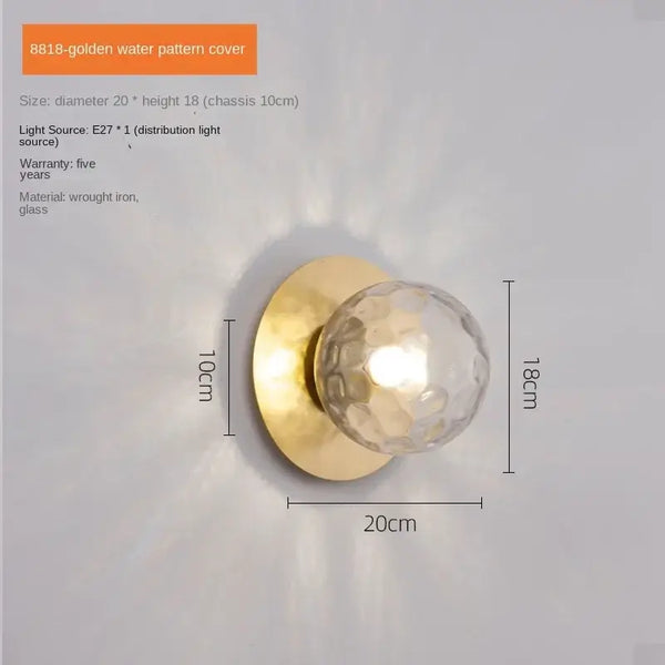 Simple Round Wall Lamp featuring a golden water pattern cover with dimensions and light source details.
