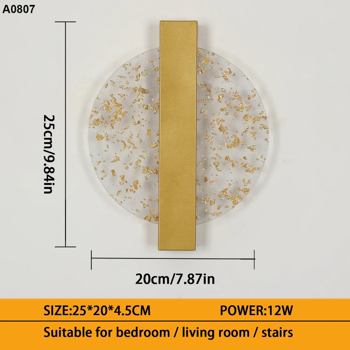 A wall-mounted circular light fixture with a white marble-look face speckled with gold leaf and a vertical gold metal bar. The image includes dimension markings showing a height of 25cm (9.