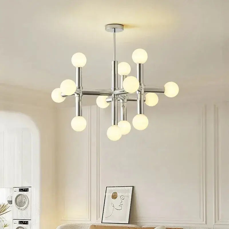 Bauhaus Chrome Chandelier – Modern 10/13 Globe Pendant Light featuring polished chrome arms and glass spheres.