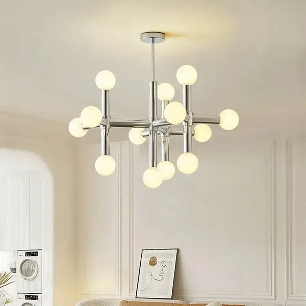 Bauhaus Chrome Chandelier – Modern 10/13 Globe Pendant Light featuring polished chrome arms and glass spheres.