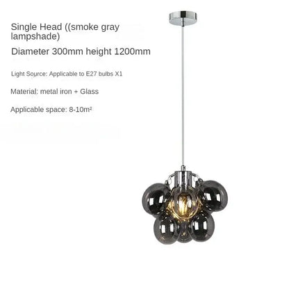 Nordic Smoke Glass Bubble Chandelier – Modern Grape Cluster Pendant Light with smoke gray lampshade and metal iron construction.