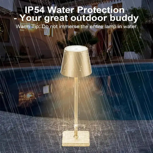 LED Rechargeable Modern Touch Desk Lamp with IP54 water protection, ideal for outdoor use by the pool.
