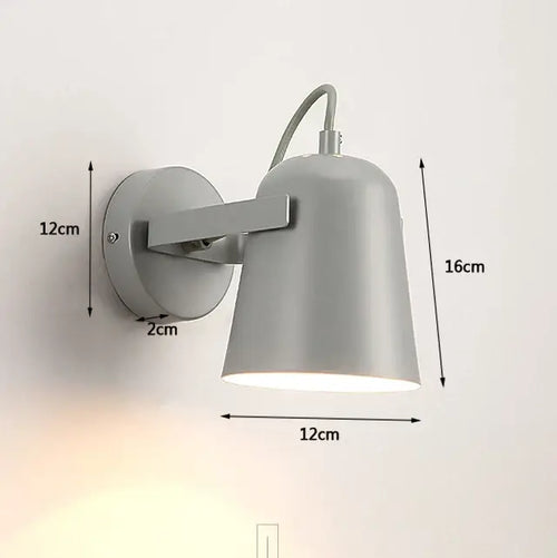 Nordic Bell Bedside Wall Lamp showing adjustable gray bell-shaped shade and metal construction with dimensions.