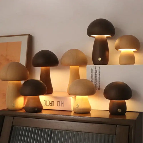 Portable Dimmable 60s Italy Designer Mushroom Table Lamp collection on a shelf, showcasing various styles and warm glow.