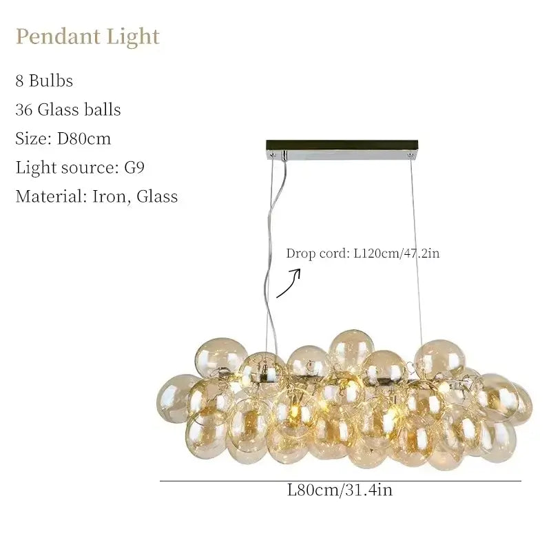 Nordic Smoke Glass Bubble Chandelier – Modern Grape Cluster Pendant Light with 8 bulbs and 36 glass balls.