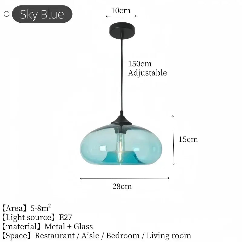 Sky blue glass dome pendant light with dimensions, 28cm wide and 15cm high