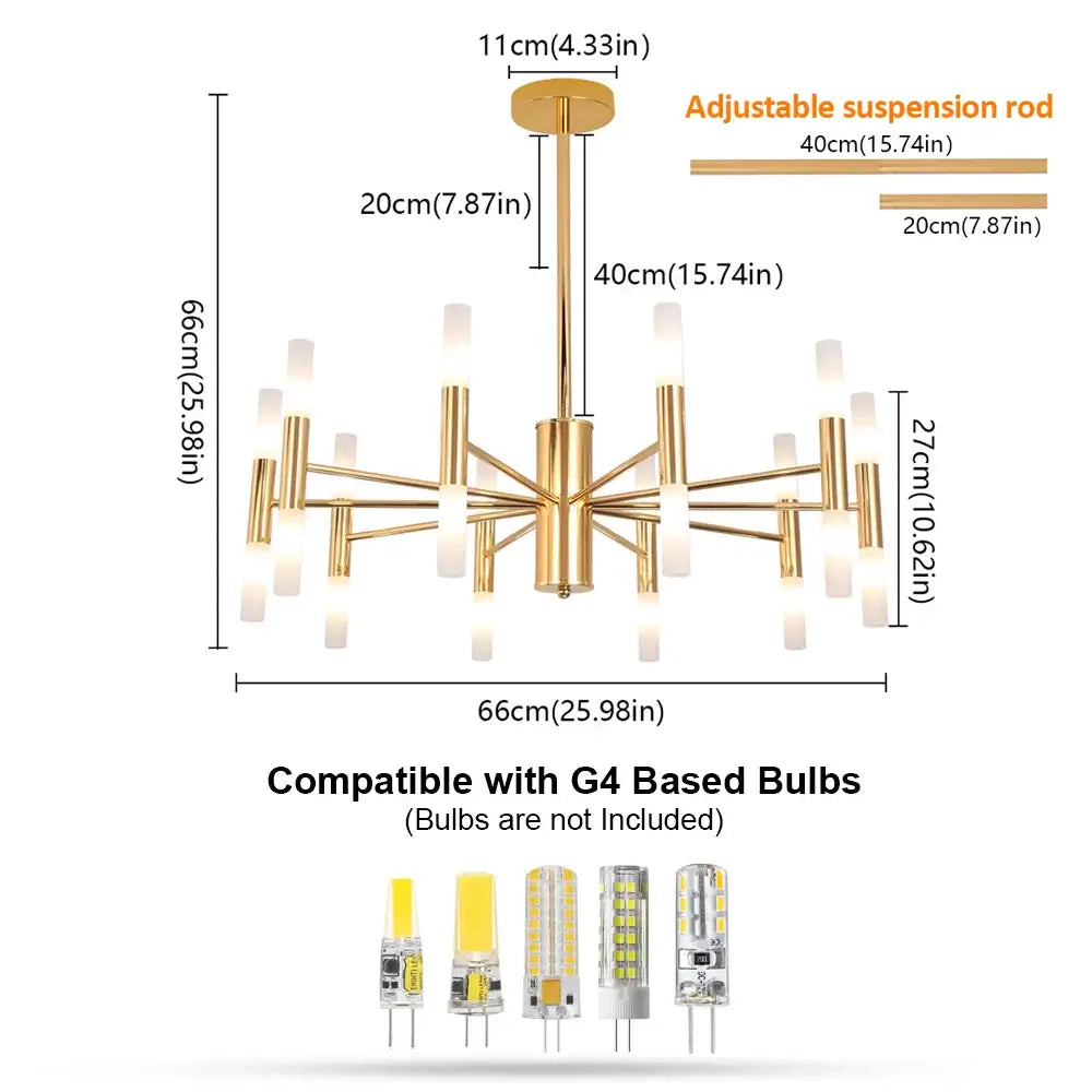 Modern Gold LED Chandelier – 20-Head G4 Luxury Ceiling Light for Living Room & Hotel Lobby, dimensions and bulb compatibility chart