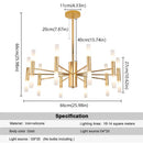 Modern Gold LED Chandelier – 20-Head G4 Luxury Ceiling Light for Living Room & Hotel Lobby with detailed specifications.