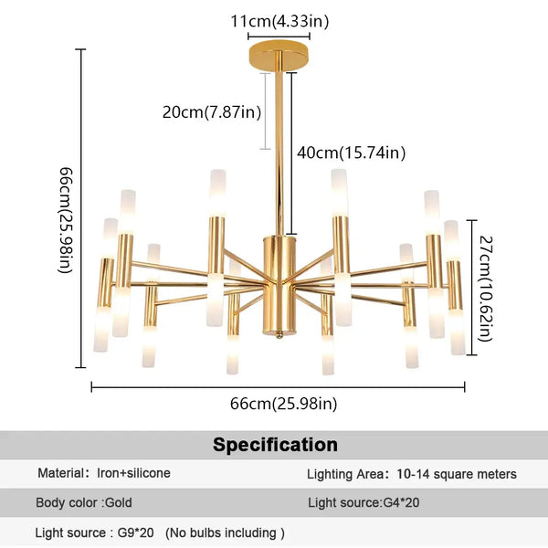 Modern Gold LED Chandelier – 20-Head G4 Luxury Ceiling Light for Living Room & Hotel Lobby with detailed specifications.
