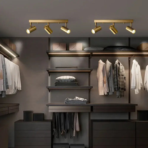Gold Nordic Minimalist LED Spotlight Ceiling Light in a modern wardrobe setting.